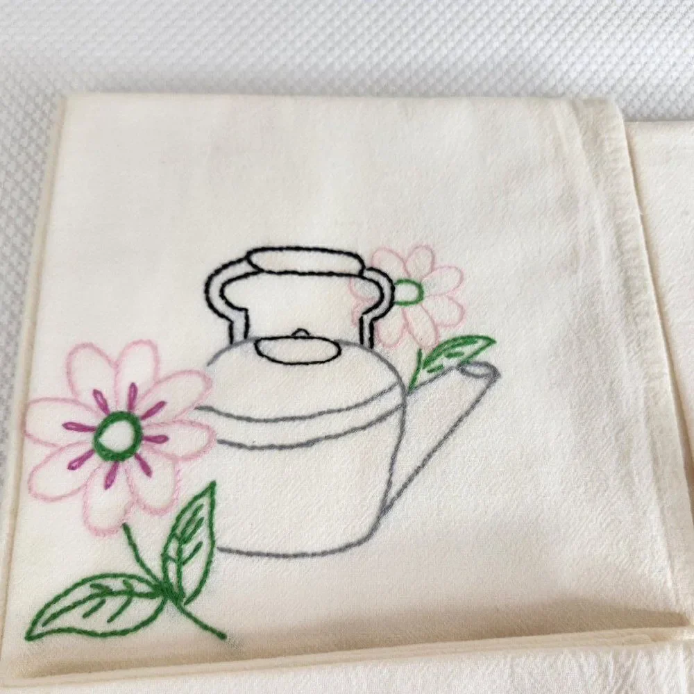 Vintage Hand Embroidered Tea Towels Kitchen Lot 5 Kettle Coffee Lot 5 Muslin